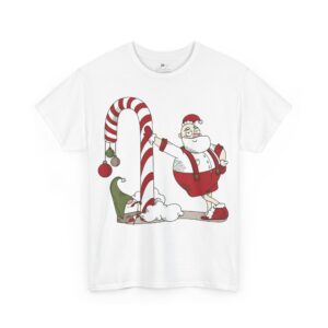 Santa and Elf Candy Cane Christmas T-Shirt- Funny Holiday Cartoon Tee