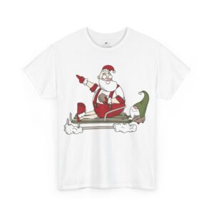 Santa and Elf Sledding Christmas T-Shirt- Funny Holiday Cartoon Tee