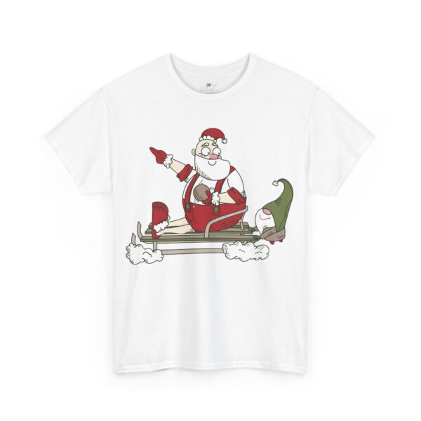 Santa and Elf Sledding Christmas T-Shirt- Funny Holiday Cartoon Tee