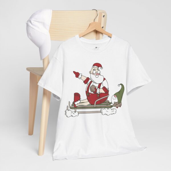 Santa and Elf Sledding Christmas T-Shirt- Funny Holiday Cartoon Tee - Image 4