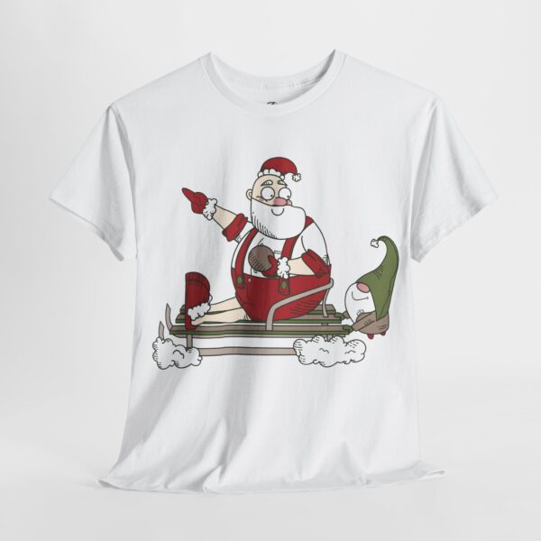Santa and Elf Sledding Christmas T-Shirt- Funny Holiday Cartoon Tee - Image 3