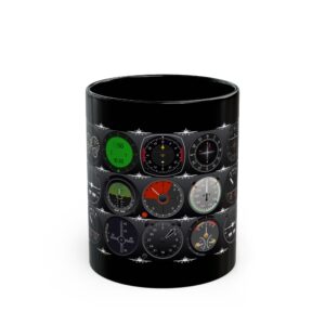 Black 11oz Ceramic Mug with Pilot Instrument Panel Graphic – Perfect for Aviators & Flight Enthusiasts