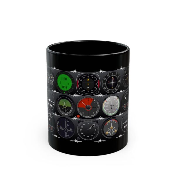 Black 11oz Ceramic Mug with Pilot Instrument Panel Graphic – Perfect for Aviators & Flight Enthusiasts