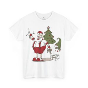 Santa and Elf with Toys Christmas T-Shirt- Funny Holiday Cartoon Tee- Festive Santa Claus with Tree Shirt for Christmas Cheer