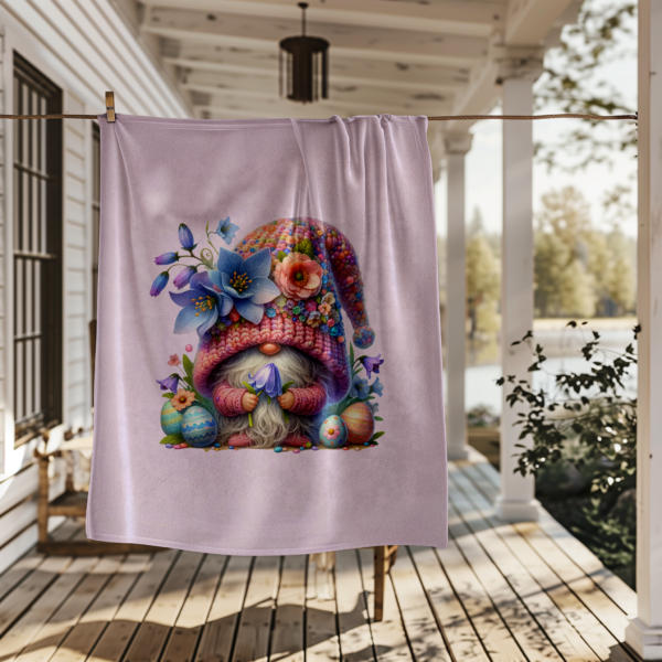 Easter Velveteen Blanket – Adorable Gnome with Flowers and Colorful Eggs Design - Image 5