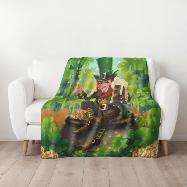 St. Patrick's Day Velveteen Blanket – Lucky Leprechaun & Shamrocks Design - Image 4