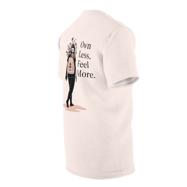 Minimalist Graphic T Shirt | Own Less Feel More Tee | Floral Backpack Design | Mindful Aesthetic Shirt | Lightweight Unisex Top - Image 5